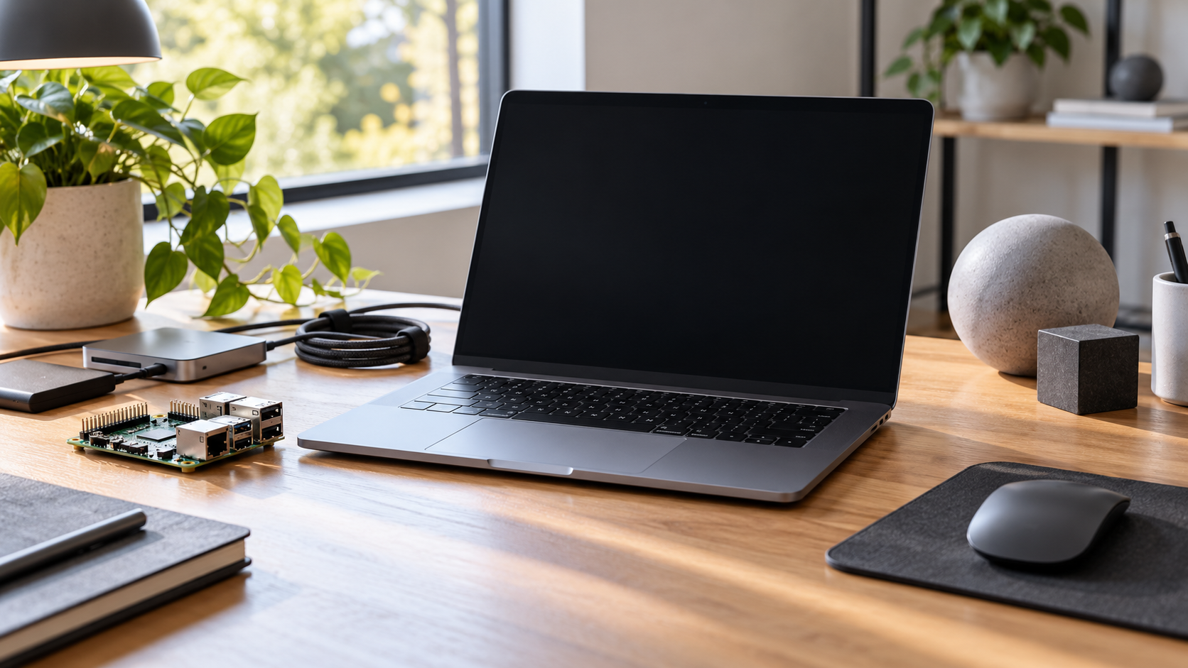Blank laptop, compact computer board, and geometric components on a modern developer desk.