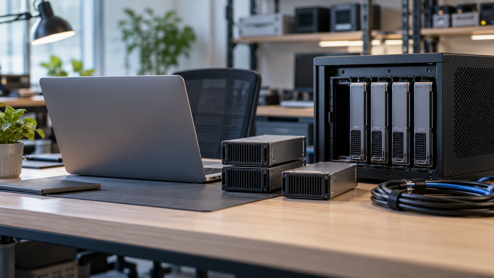 Development workstation beside a compact server with unlabeled modular compute enclosures.