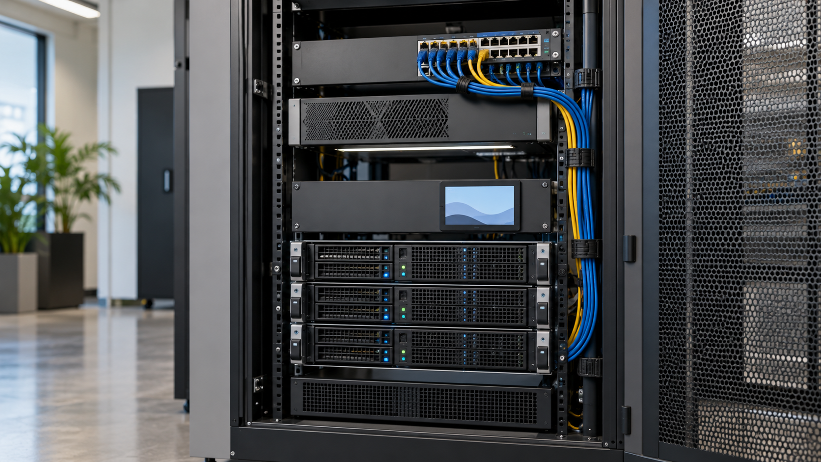 Open server rack with network connections and compact equipment in a modern operations room.