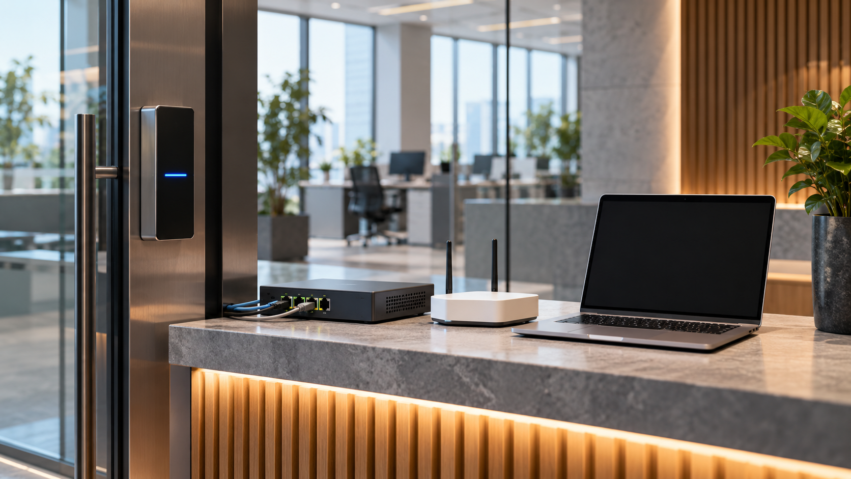 Office network gateway, access reader, router, and a blank laptop at a secure reception desk.