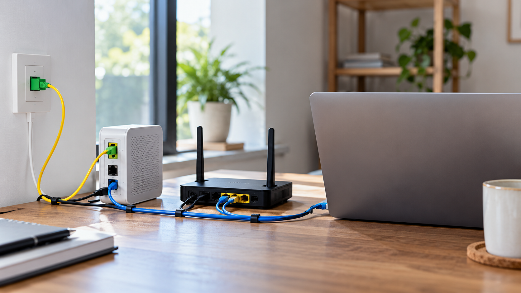 Home-office modem, wireless router, fiber connection, and a blank laptop on a desk.