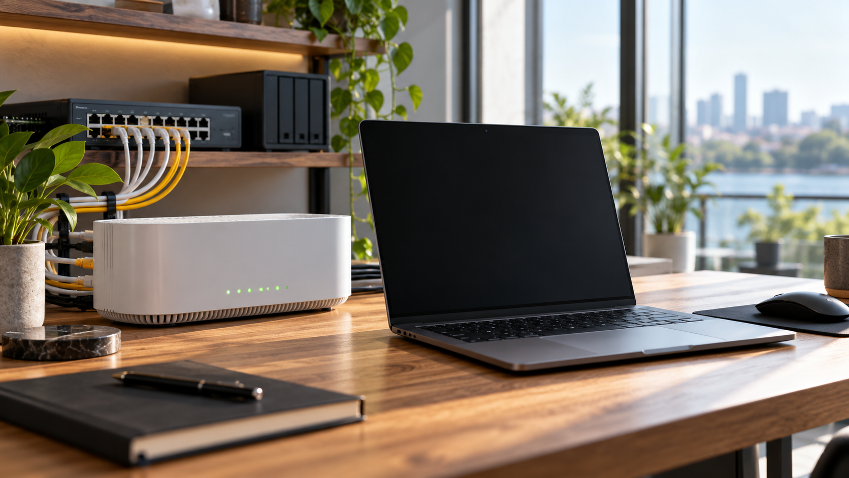 Fiber router, blank laptop, and tidy network equipment in a modern daylight workspace.