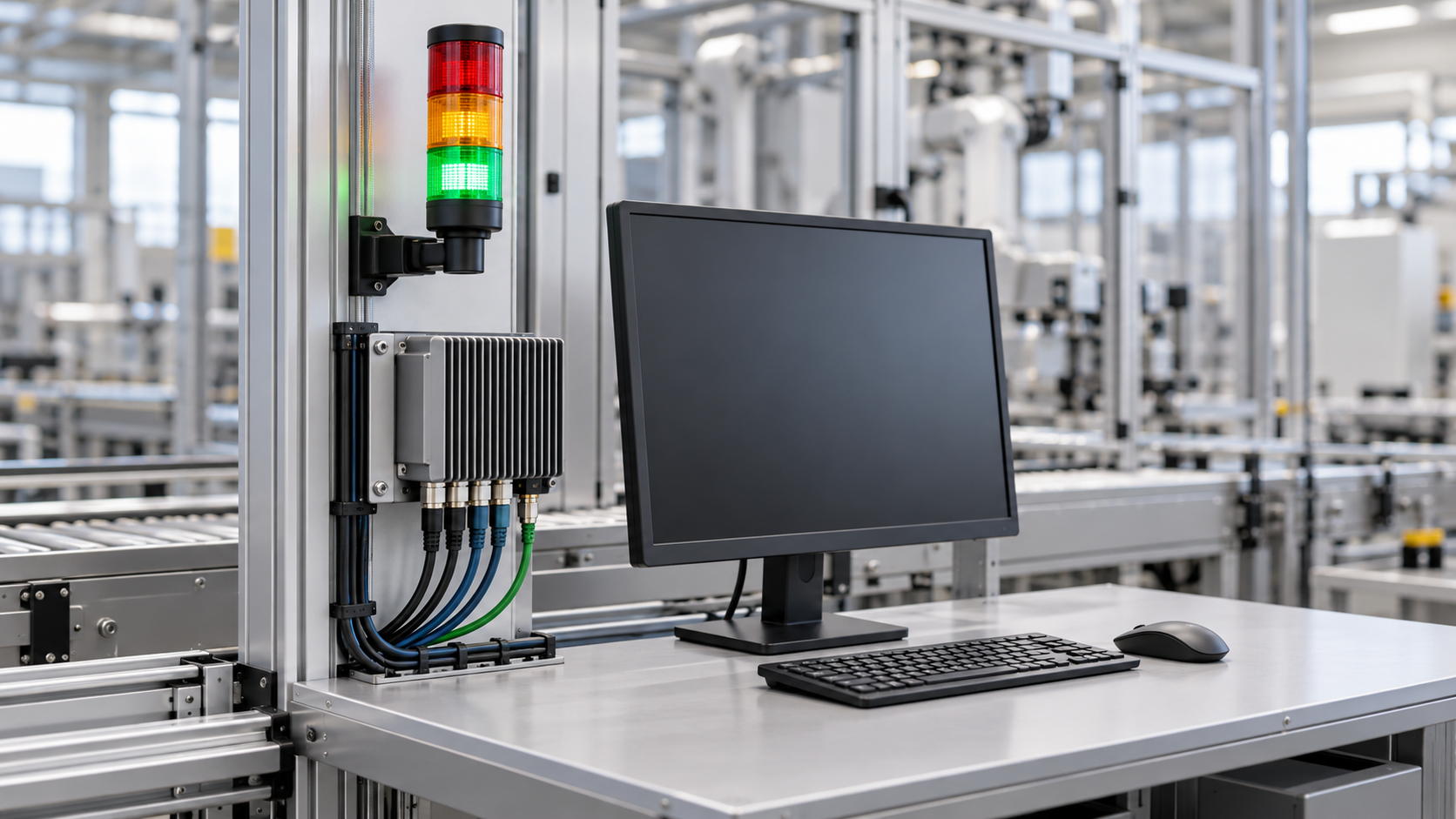 Industrial sensor gateway, signal light, blank monitor, and tidy cables at a clean workstation.