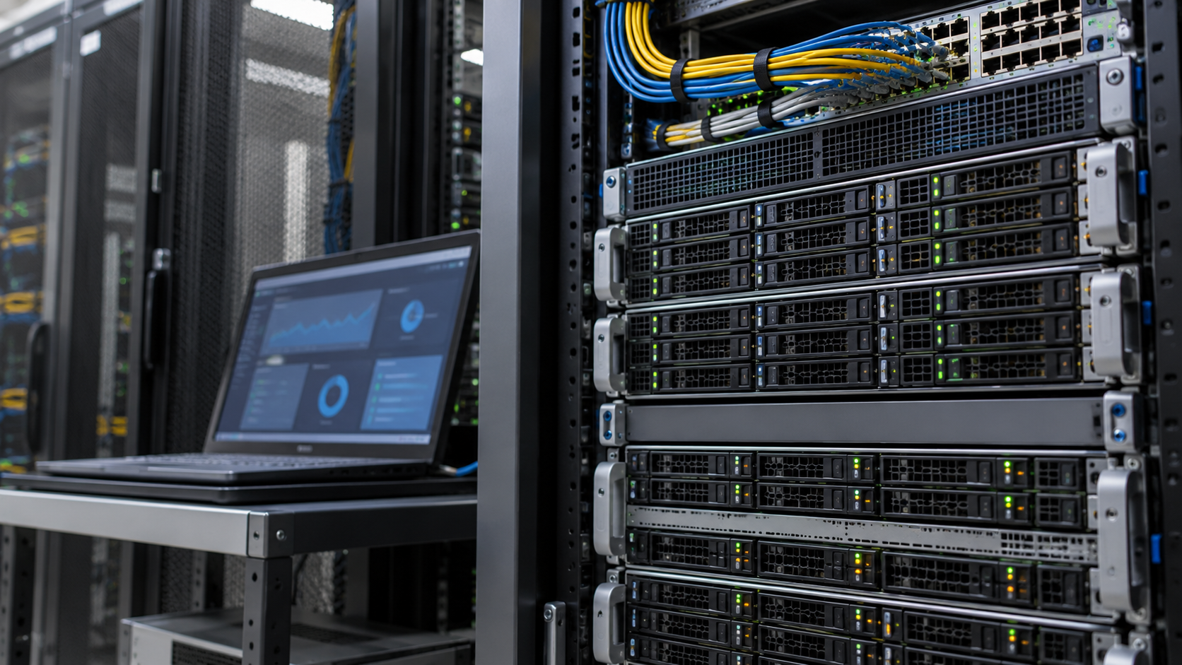 Enterprise server chassis, organized network cables, and an abstract management console in a technical room.